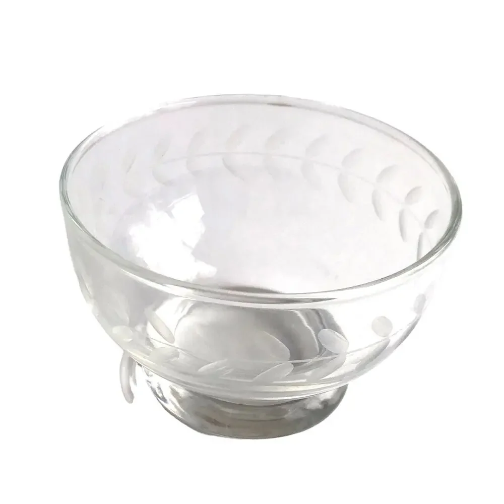 Vintage Floral Etched Glass Clear Sugar Bowl Dessert Parfait Candy Side Dish MCM